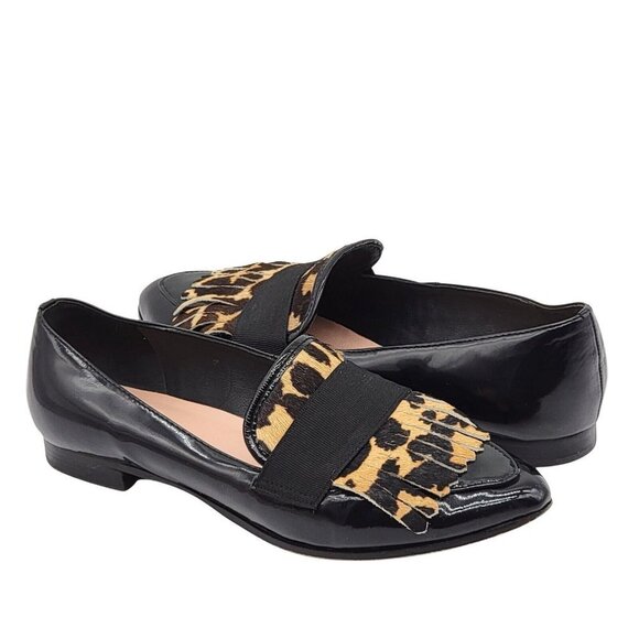 Kate Spade Cayla Patent Leather Loafers Size Black Leopard Fur